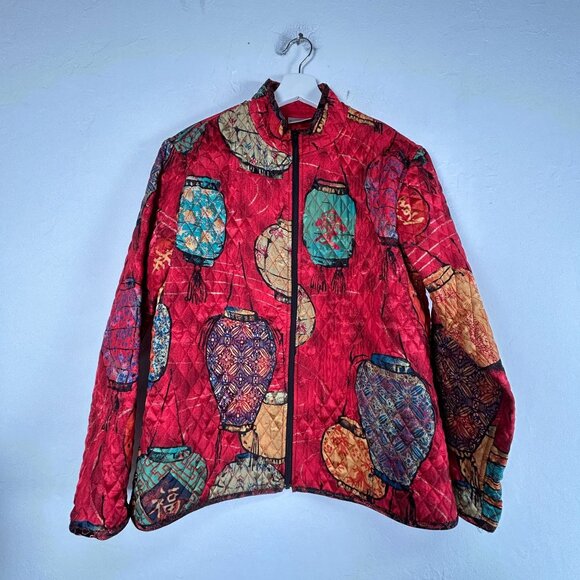 Chico's Womens Quilted Lantern Print Jacket Size 2 Red Silk Zip Up Lightweight - Picture 1 of 8